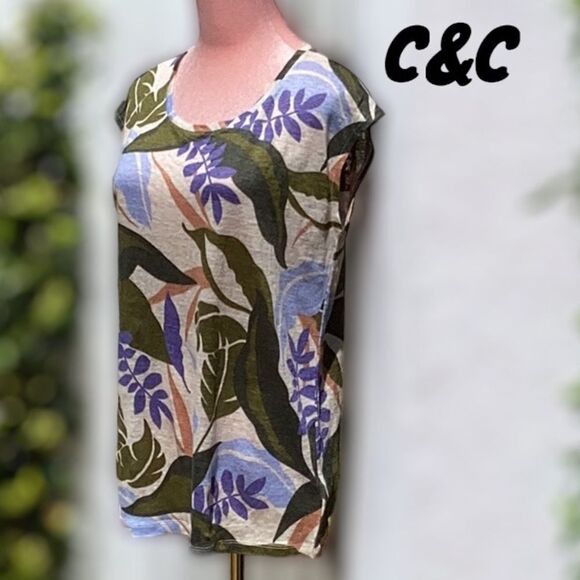 C&C CALIFORNIA 100% LINEN TOP BLOUSE TROPICAL FLORAL PRINT BUTTON UP THE BACK SM - Picture 1 of 8